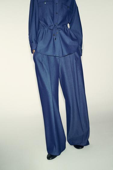 Zara 打褶寬管長褲 - 靛青色