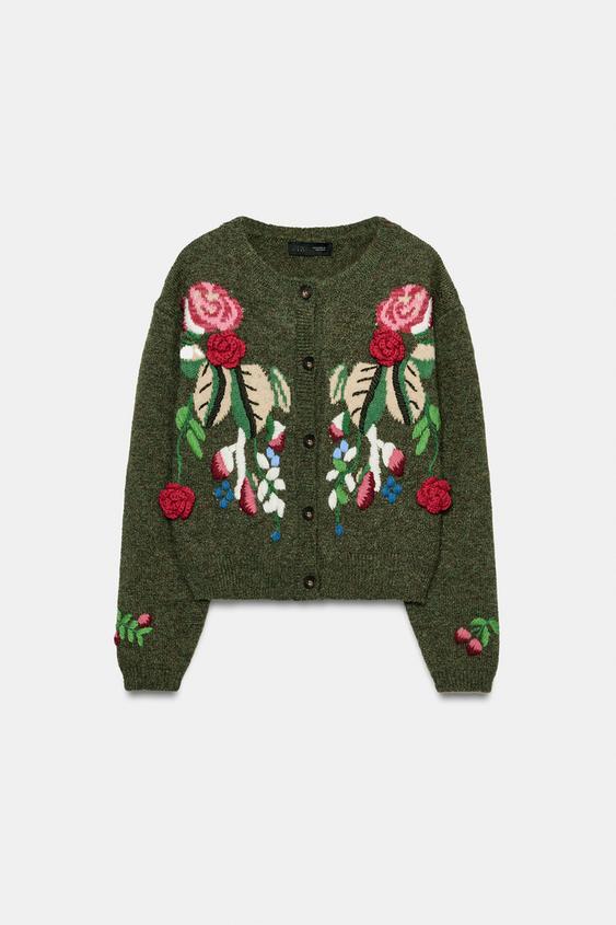 KNIT CARDIGAN WITH FLORAL EMBROIDERY - Greenish by Zara - Image 0