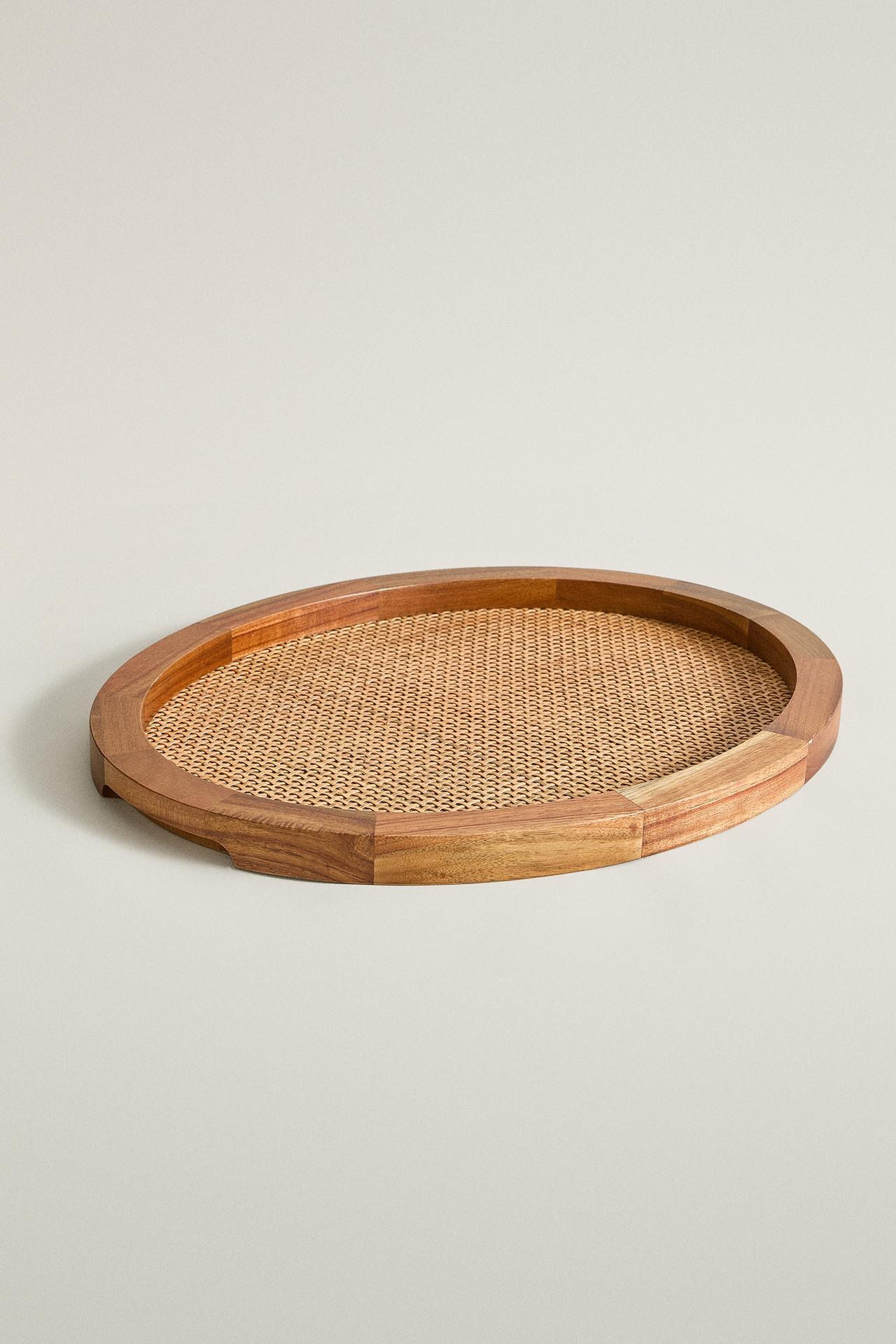 OVAL WOOD RATTAN TRAY — Brown