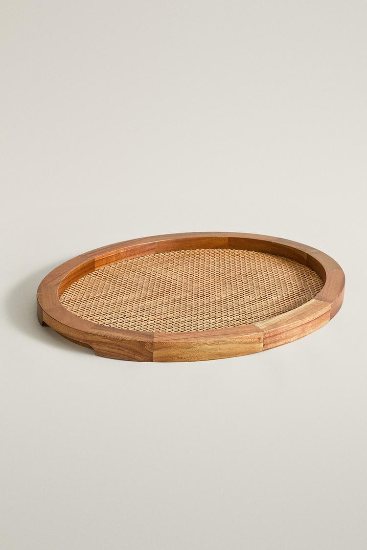 OVAL WOOD RATTAN TRAY — Brown