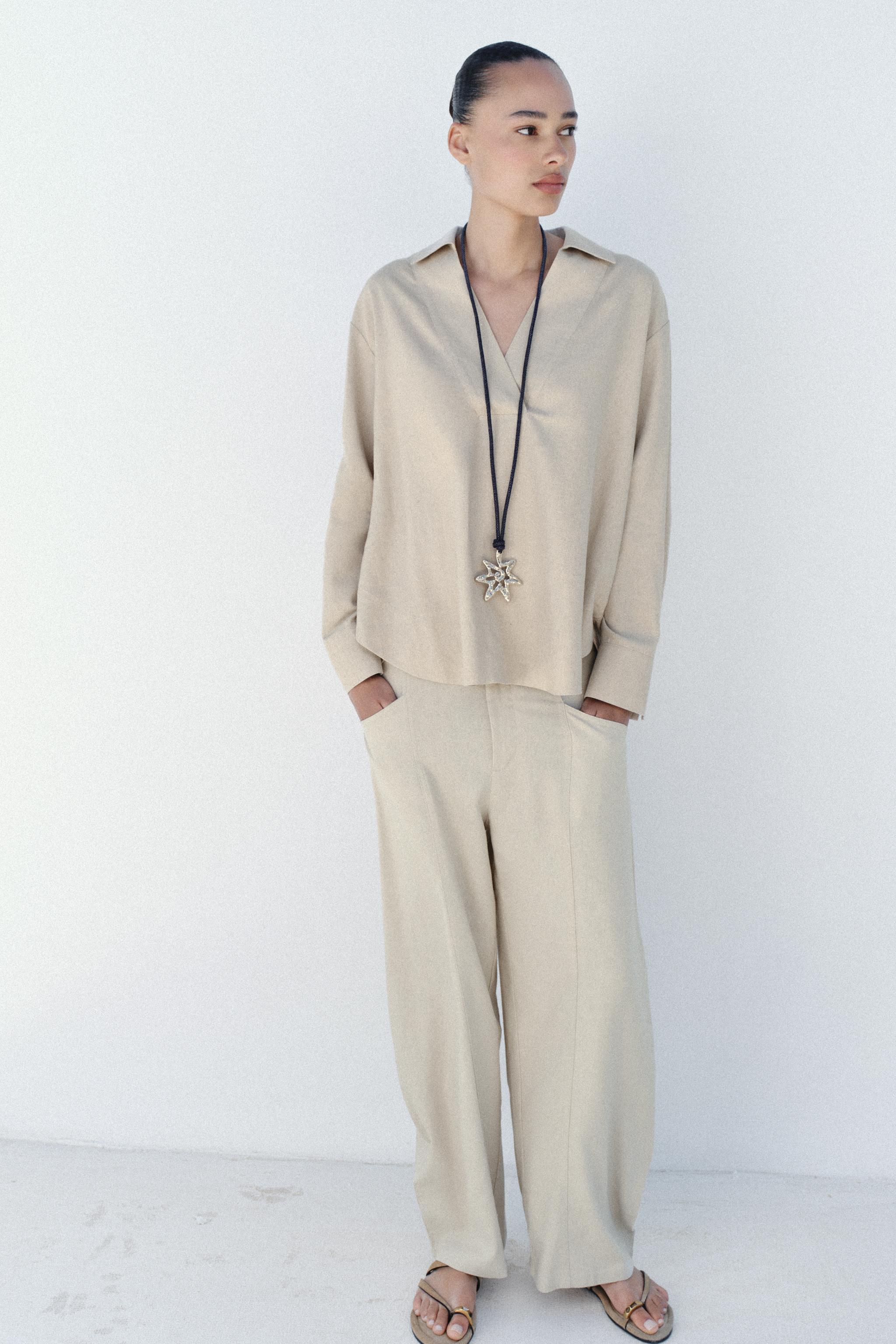 Женские блузки Zara LINEN BLEND FULL CUT BLOUSE