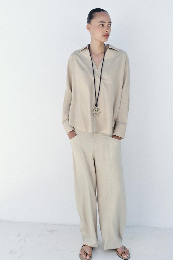 OVERSIZE LINEN BLEND BLOUSE - Light beige by Zara - Image 0