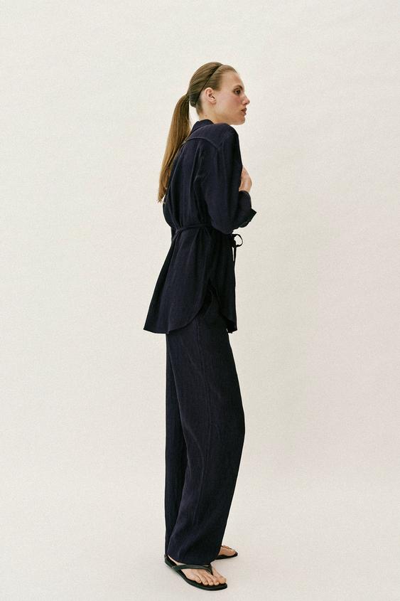 リンクル加工サファリシャツ（ベルト付き） - ネイビーブルー | ZARA