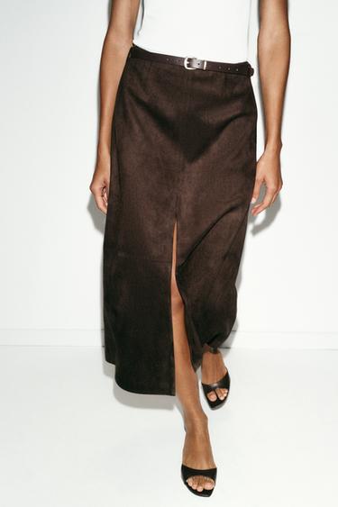 FAUX SUEDE SKIRT WITH BELT - Chocolate brown by Zara