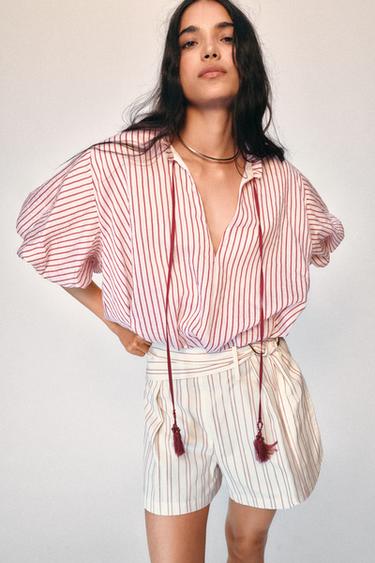 STRIPED TOP WITH TASSEL TIES - Ecru / Maroon by Zara
