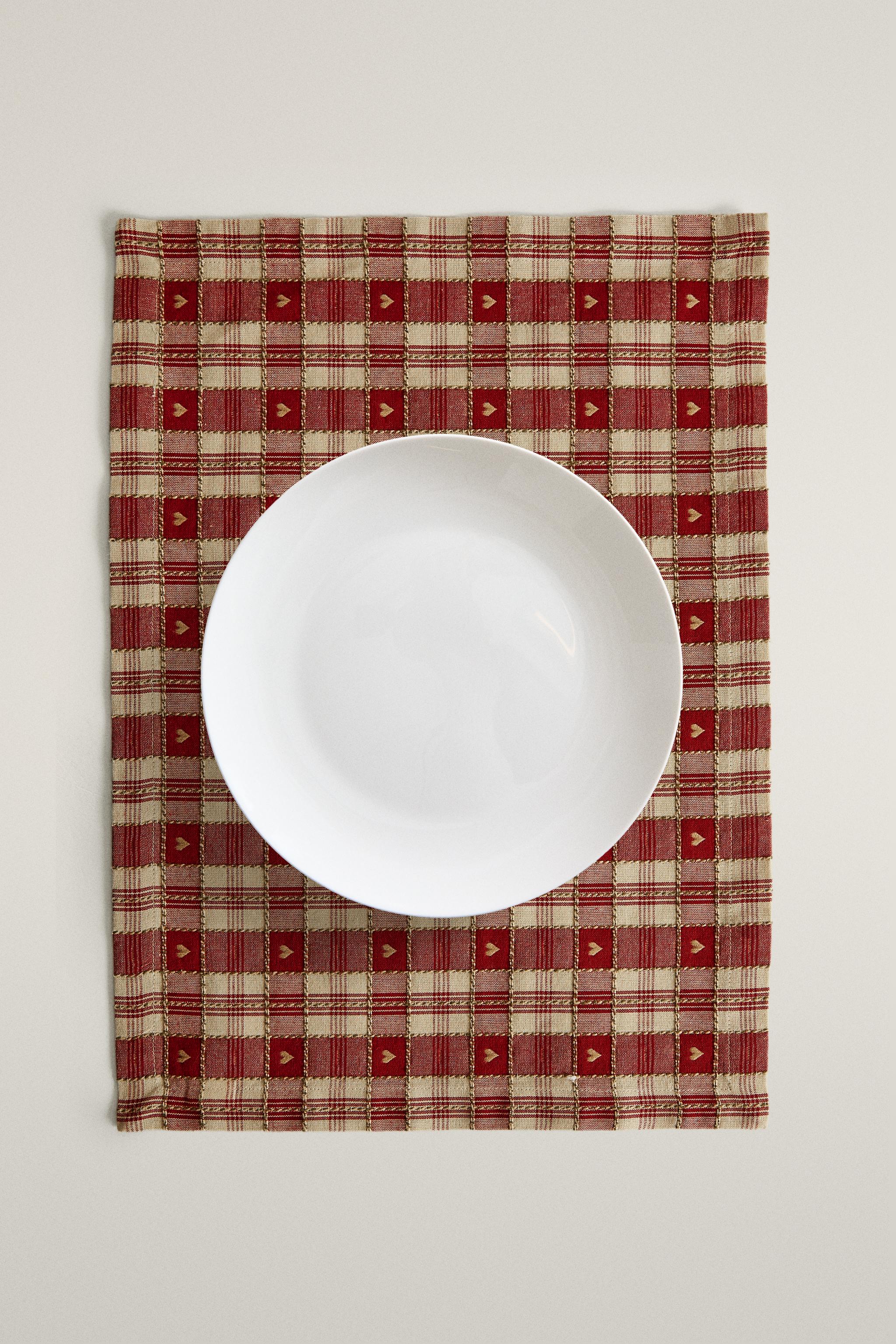 SET DE TABLE COTON CARREAUX CŒURS NOËL (LOT DE 2)