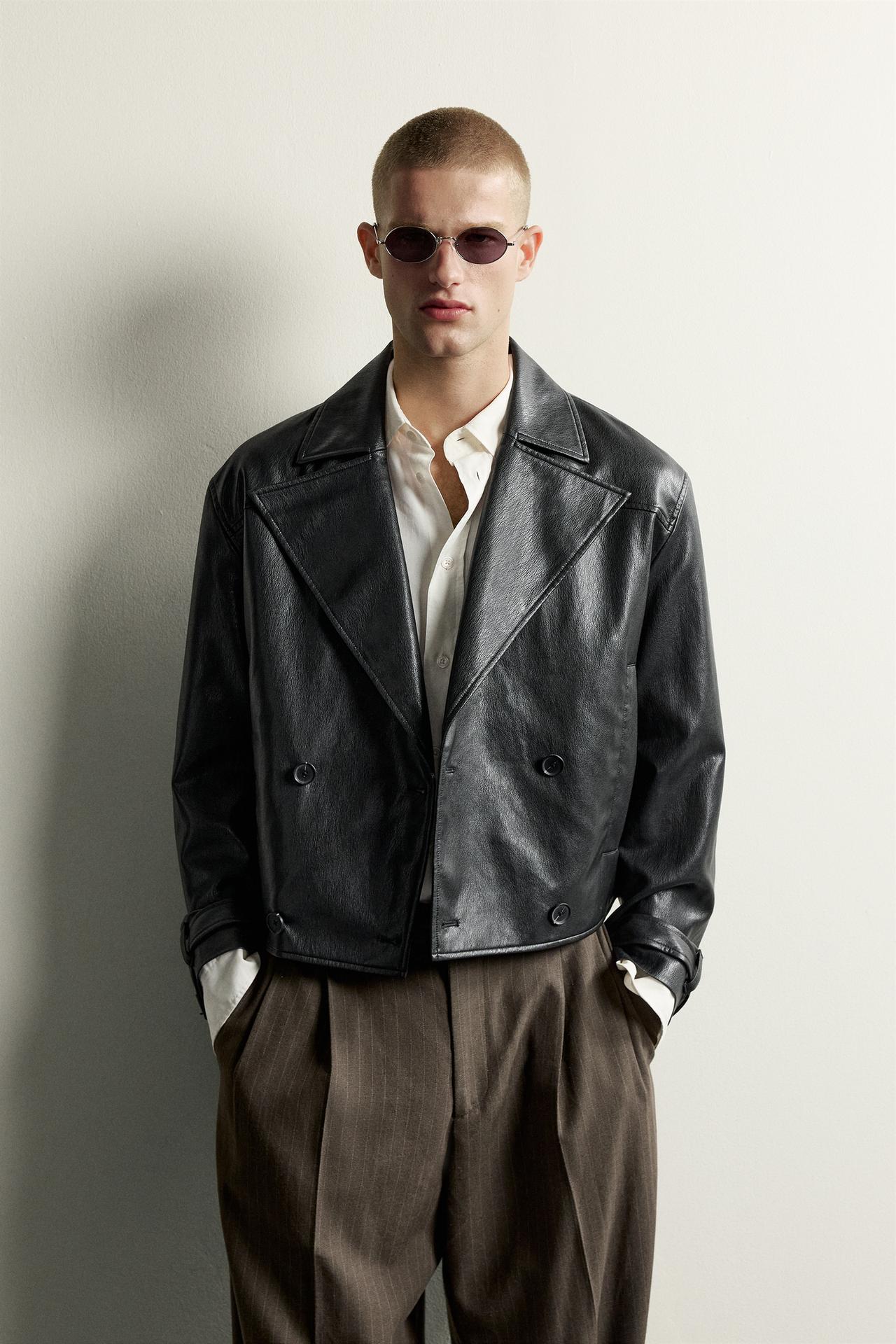 CROPPED FAUX LEATHER JACKET — Black