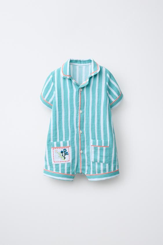 1 MONTH - 2 YEARS/ STRIPED SLEEPSUIT WITH FLOWER PATCH - Blue/White by Zara - Image 0