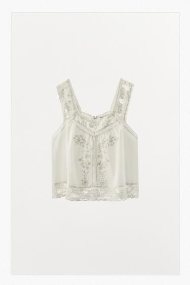 TOP TIRANTES ENCAJE BORDADOS LIMITED EDITION - Blanco roto de Zara