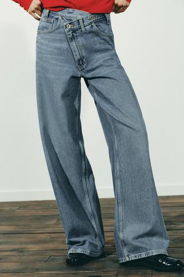 TRF WIDE-LEG HIGH-WAIST JEANS WITH CROSSOVER WAIST - Mid-blue by Zara