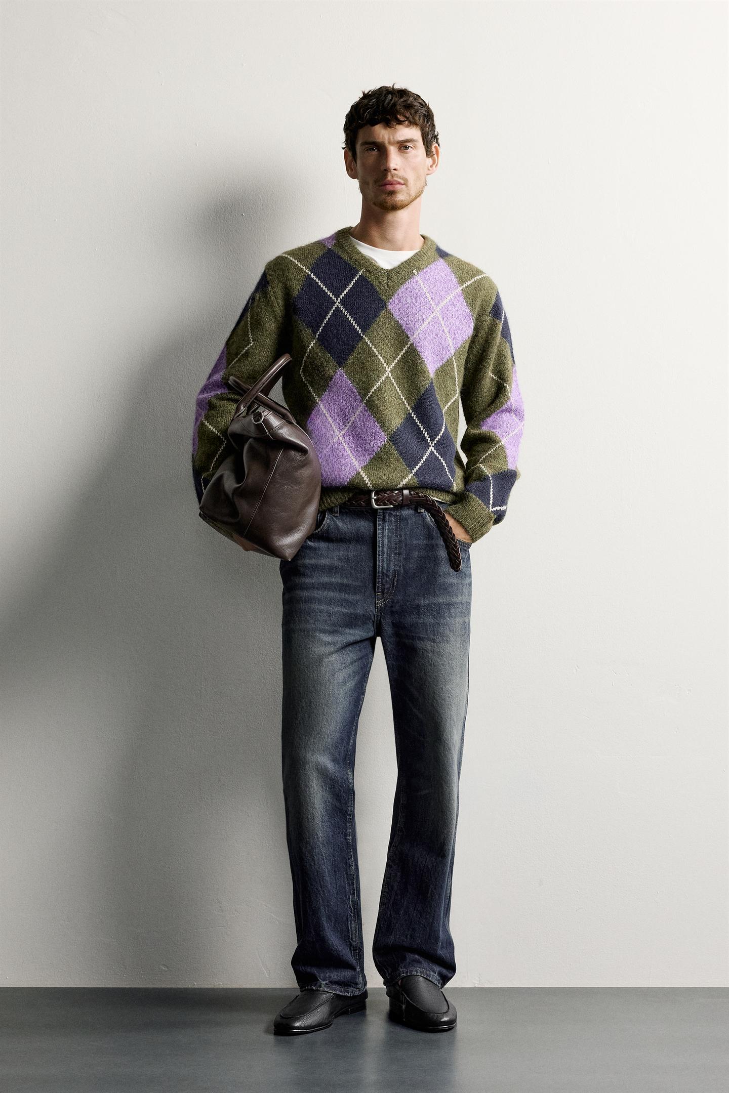 Мужской свитер Zara Geometric Jacquard, цвет: Зелёный