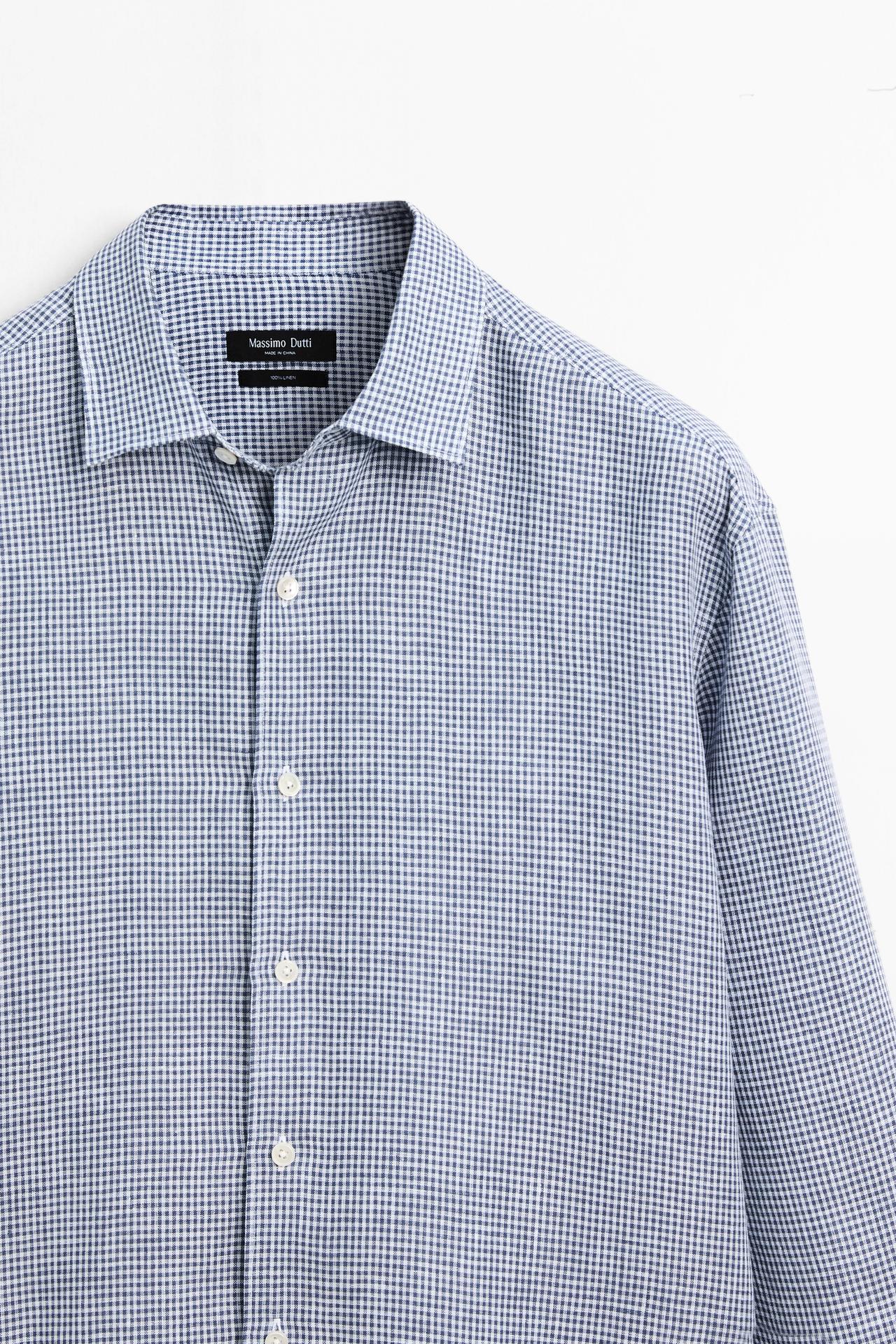 100% linen regular fit gingham shirt — Navy blue