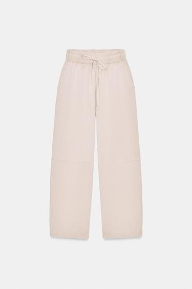 Zara HEAVY COTTON WIDE LEG PANTS - Light mink