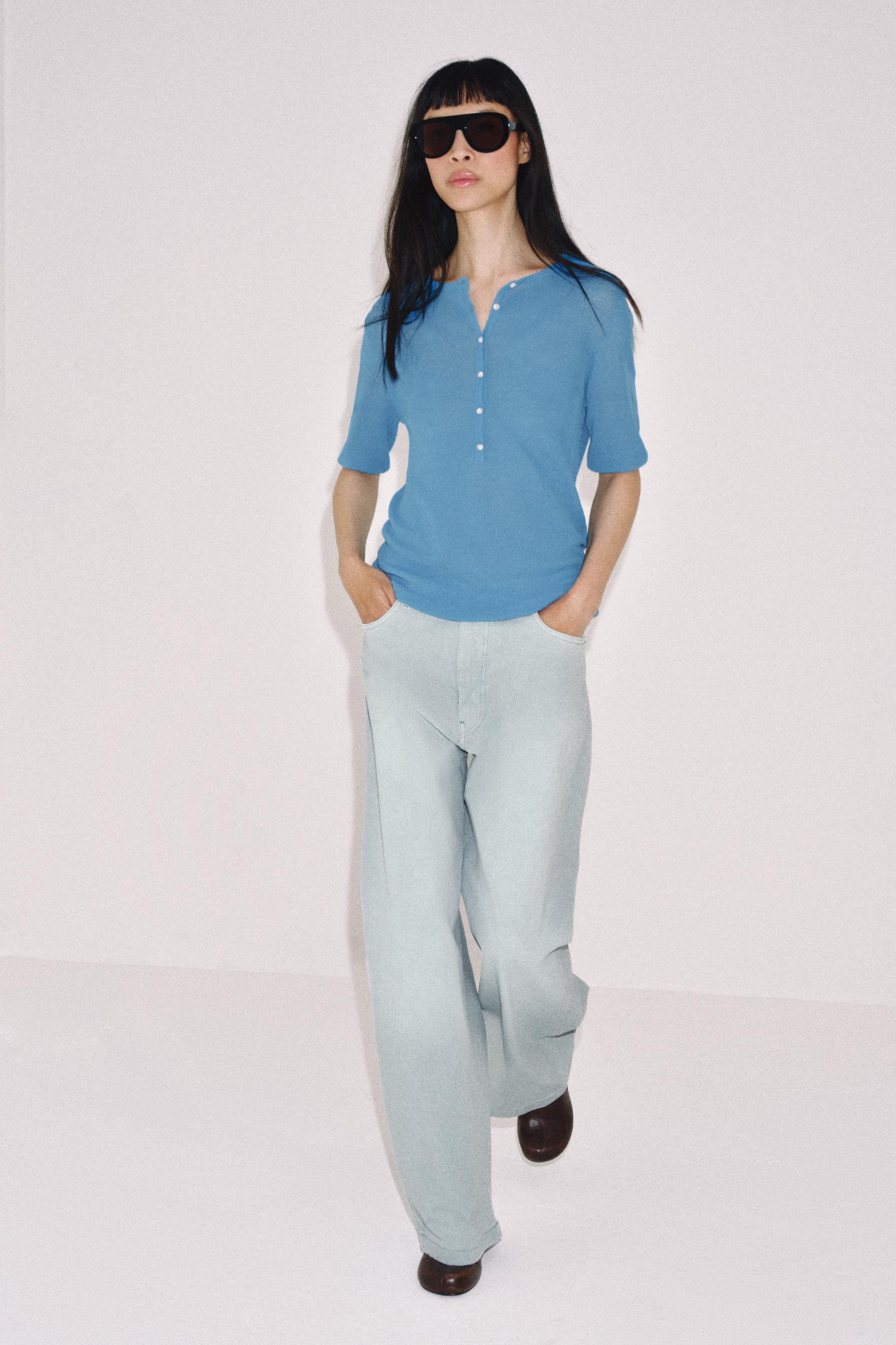 KNIT BUTTON-UP TOP - Light blue | ZARA India