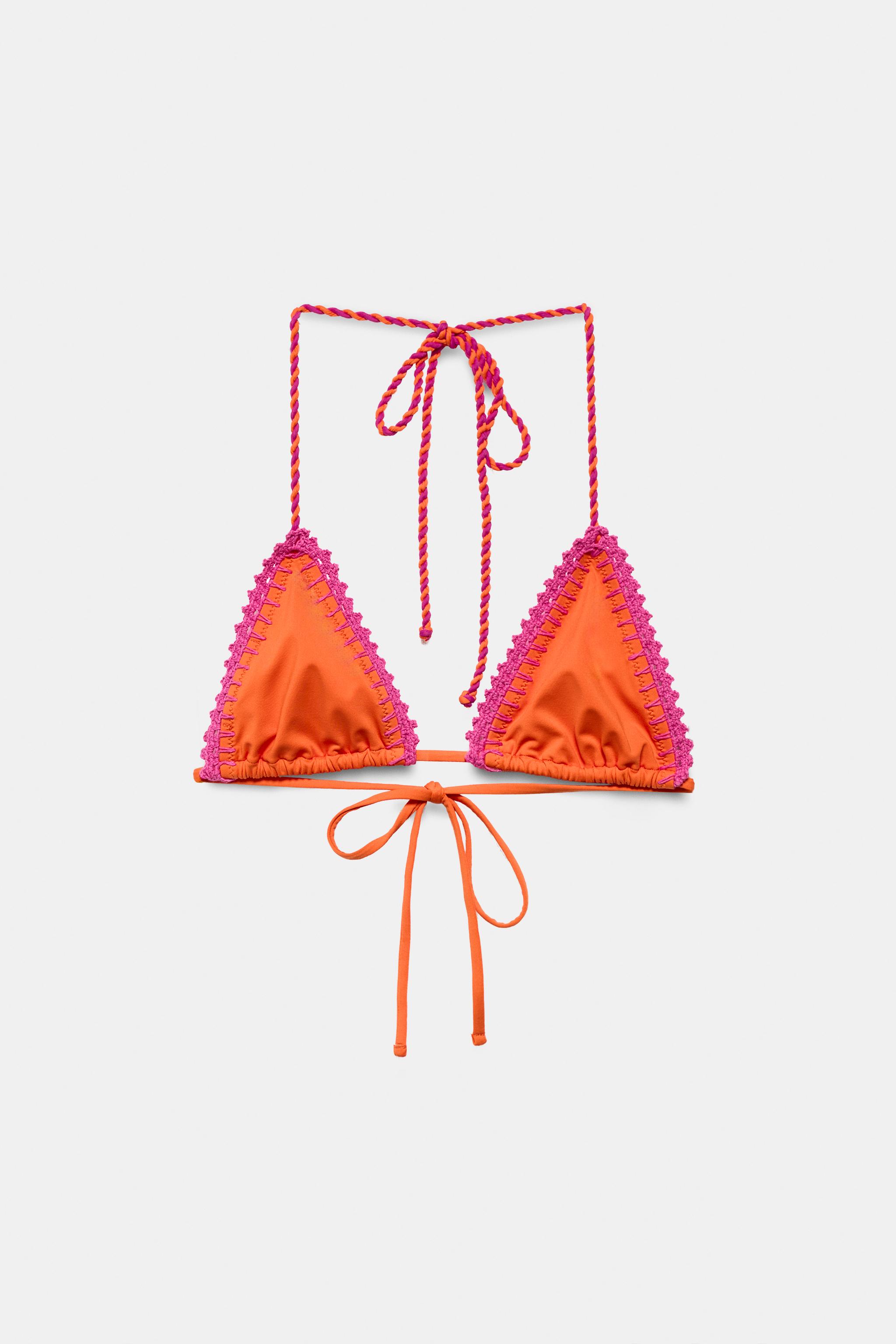 CROCHET TRIANGLE BIKINI TOP — Orange
