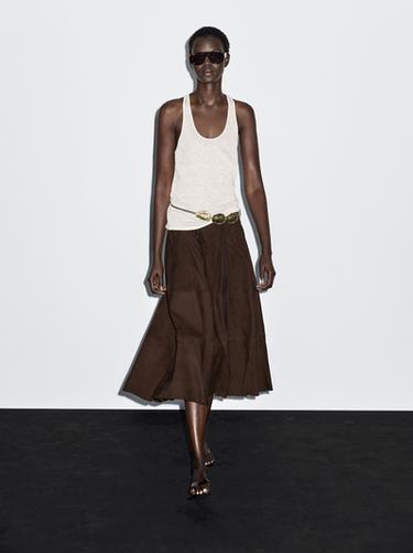 Zara Suede leather flared midi skirt - Brown - Image 0