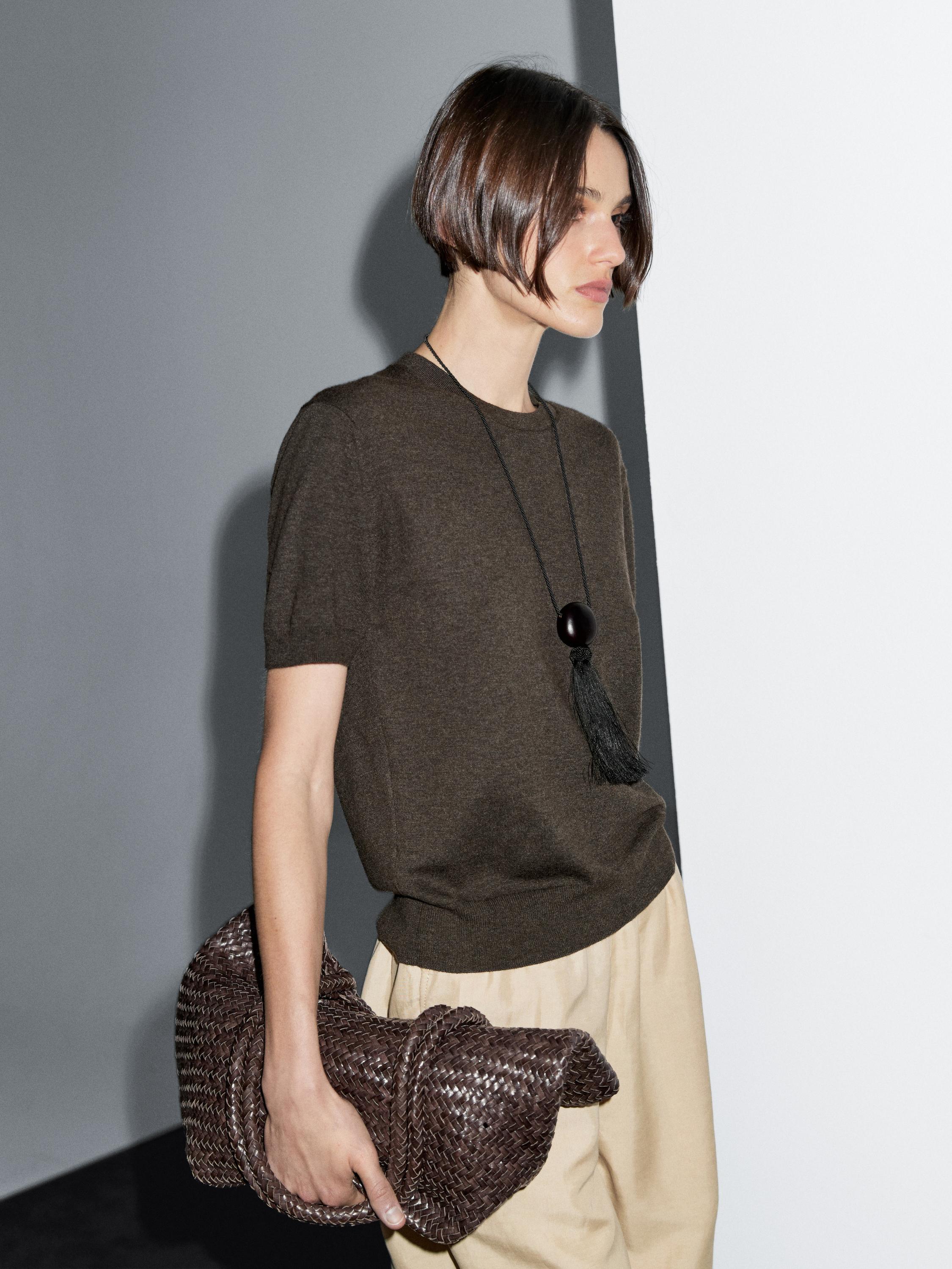 Short-sleeve wool blend knit sweater
