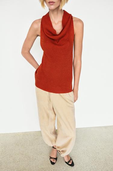 Zara Cotton top with cowl neckline - Burnt orange