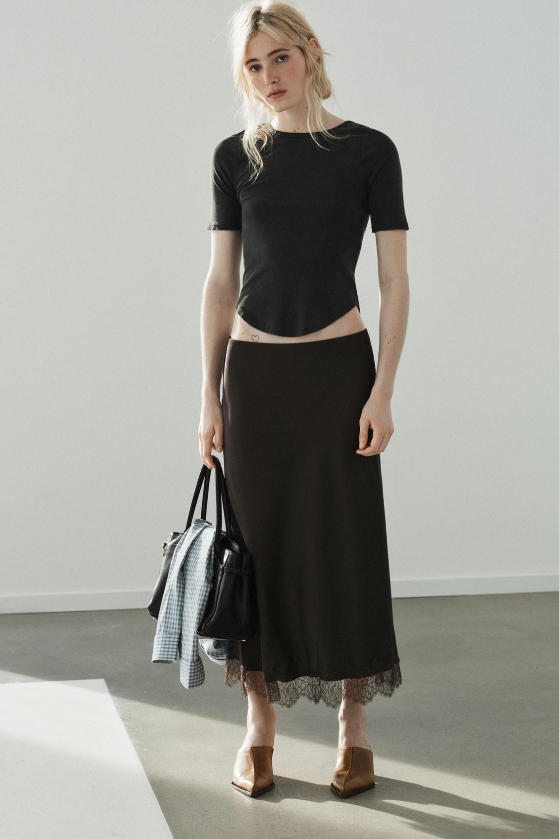 Zara SATIN EFFECT LACE MIDI SKIRT