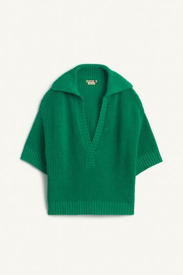OVERSIZE LINEN BLEND KNIT POLO SHIRT - Green by Zara