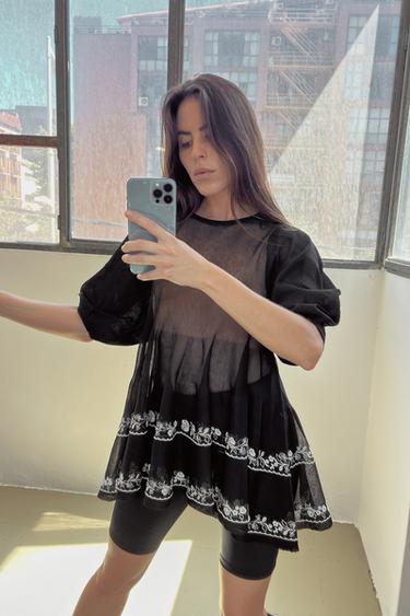 EMBROIDERED FINE KNIT LONG BLOUSE - Black by Zara