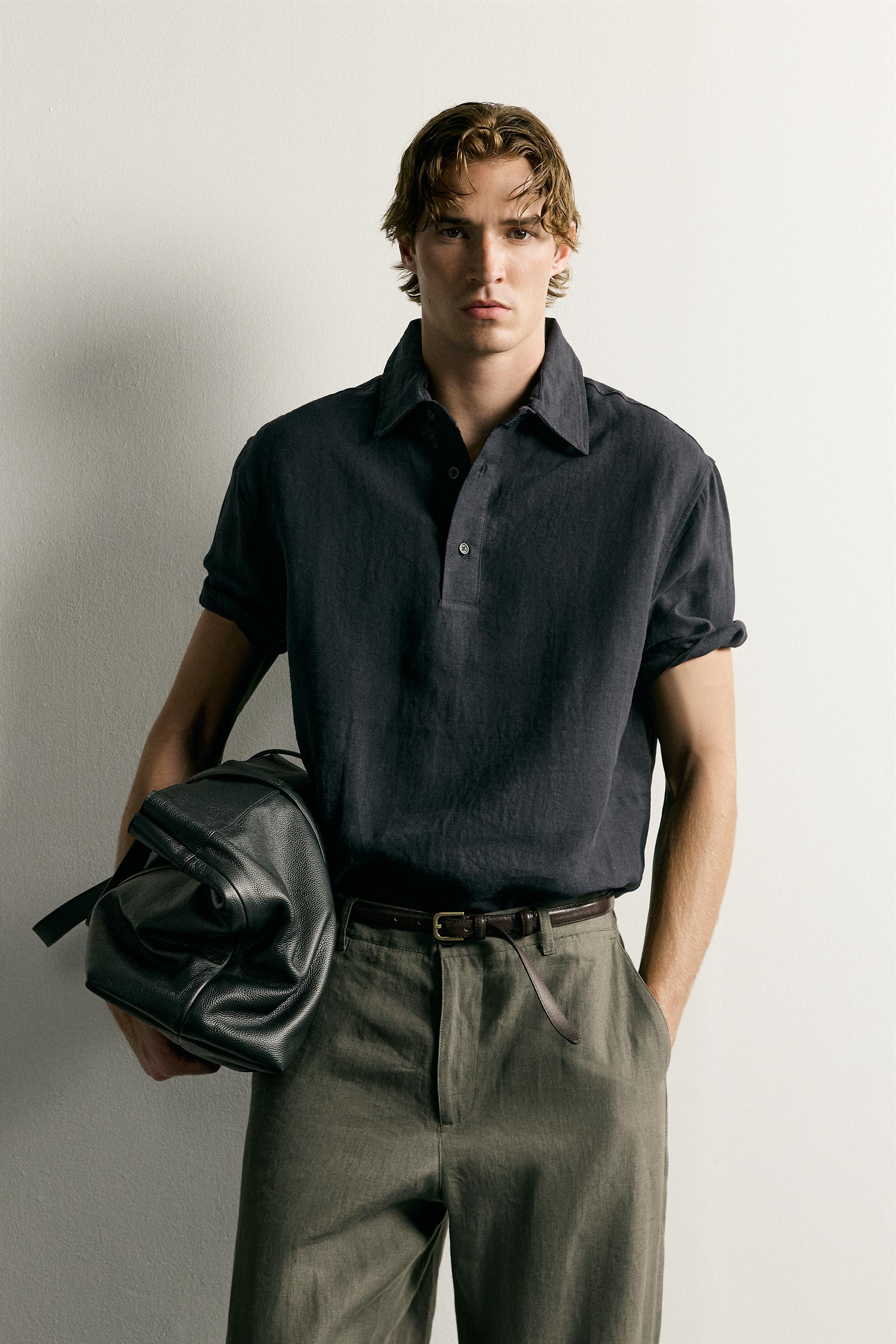 100% LINEN BOXY FIT POLO SHIRT — Dark navy