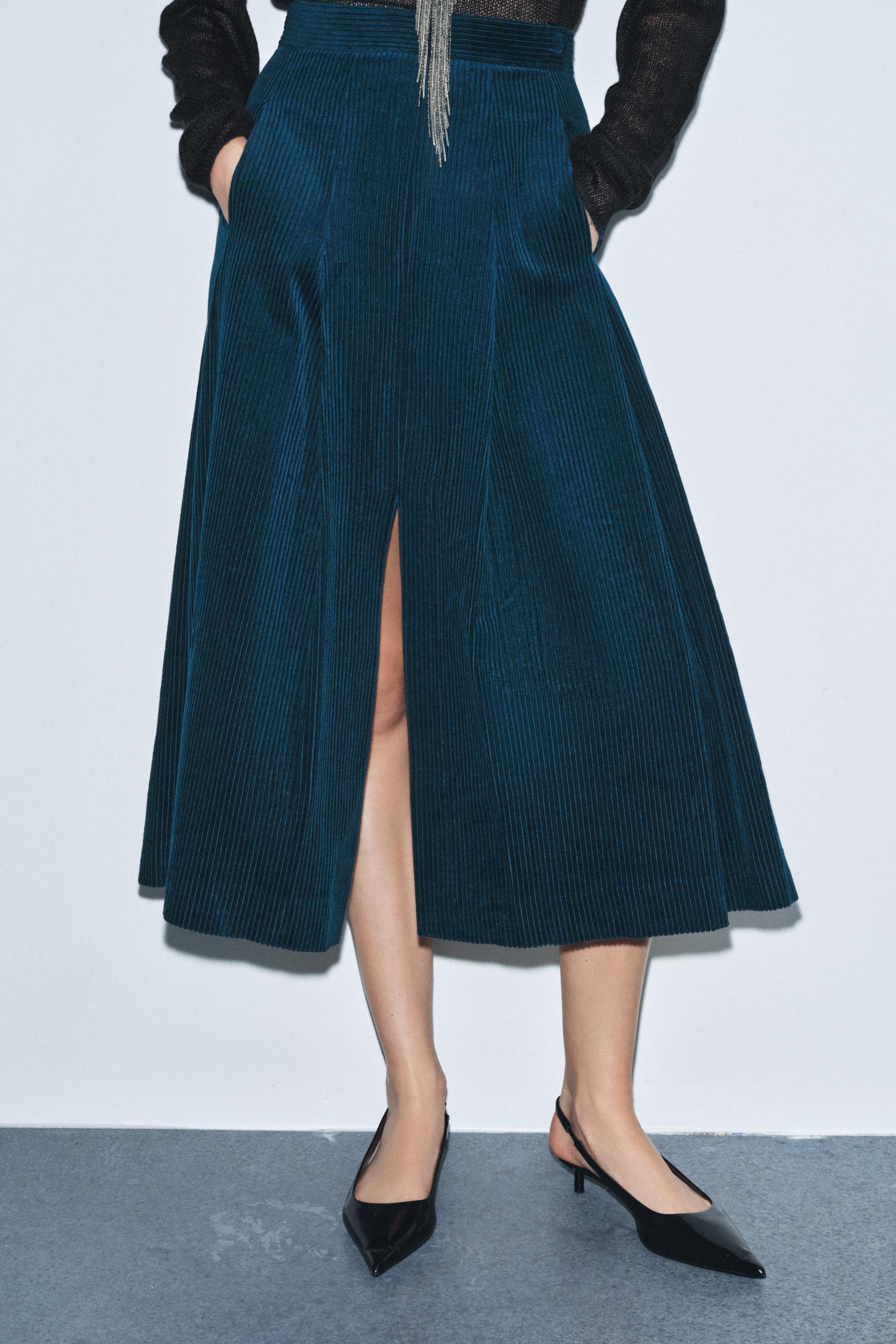 CORDUROY MIDI SKIRT ZW COLLECTION - Blue | ZARA United States