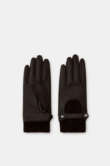 FAUX LEATHER AND WOOL BLEND GLOVES - Brown by Zara - Image 3