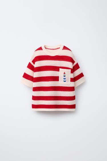 KNIT STRIPED T-SHIRT WITH LIGHTHOUSE EMBROIDERY - Ecru / Red by Zara
