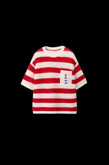 Zara STRIPED KNIT T-SHIRT WITH EMBROIDERED LIGHTHOUSE - Ecru / Red - Image 0