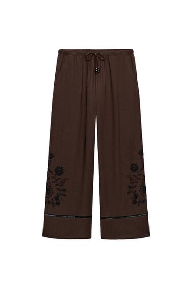 بنطلون عريض بتطريزات ممزوجة - بني by Zara