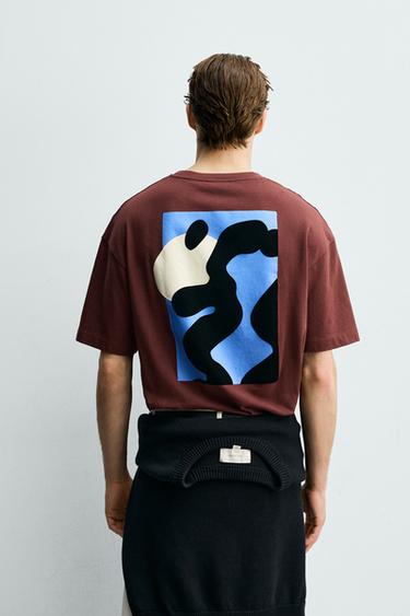 FLOCKED PRINT RELAXED FIT T-SHIRT - Burgundy by Zara