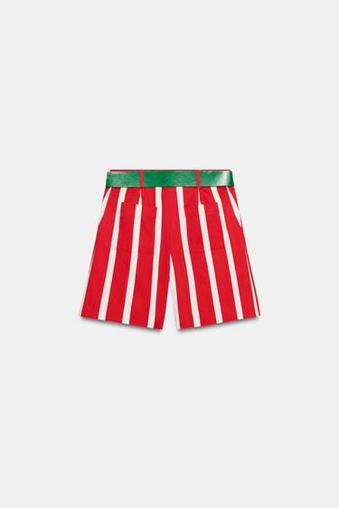 SHORT À RAYURES AVEC CEINTURE - Écru / Rouge de Zara - Image 9