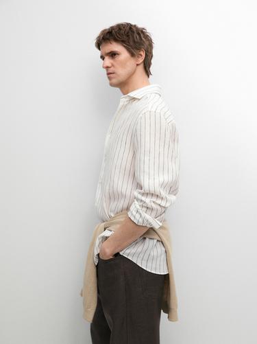 Zara 100% linen slim fit striped shirt - Oyster-white