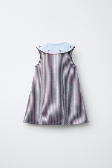STRIPED DRESS WITH EMBROIDERED COLLAR — Eggplant 2