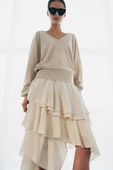 ZW COLLECTION FLOWING RUFFLE SKIRT - Beige / Green by Zara - Image 1