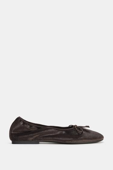VELVET-EFFECT BALLERINA FLATS WITH BOW - Grey by Zara
