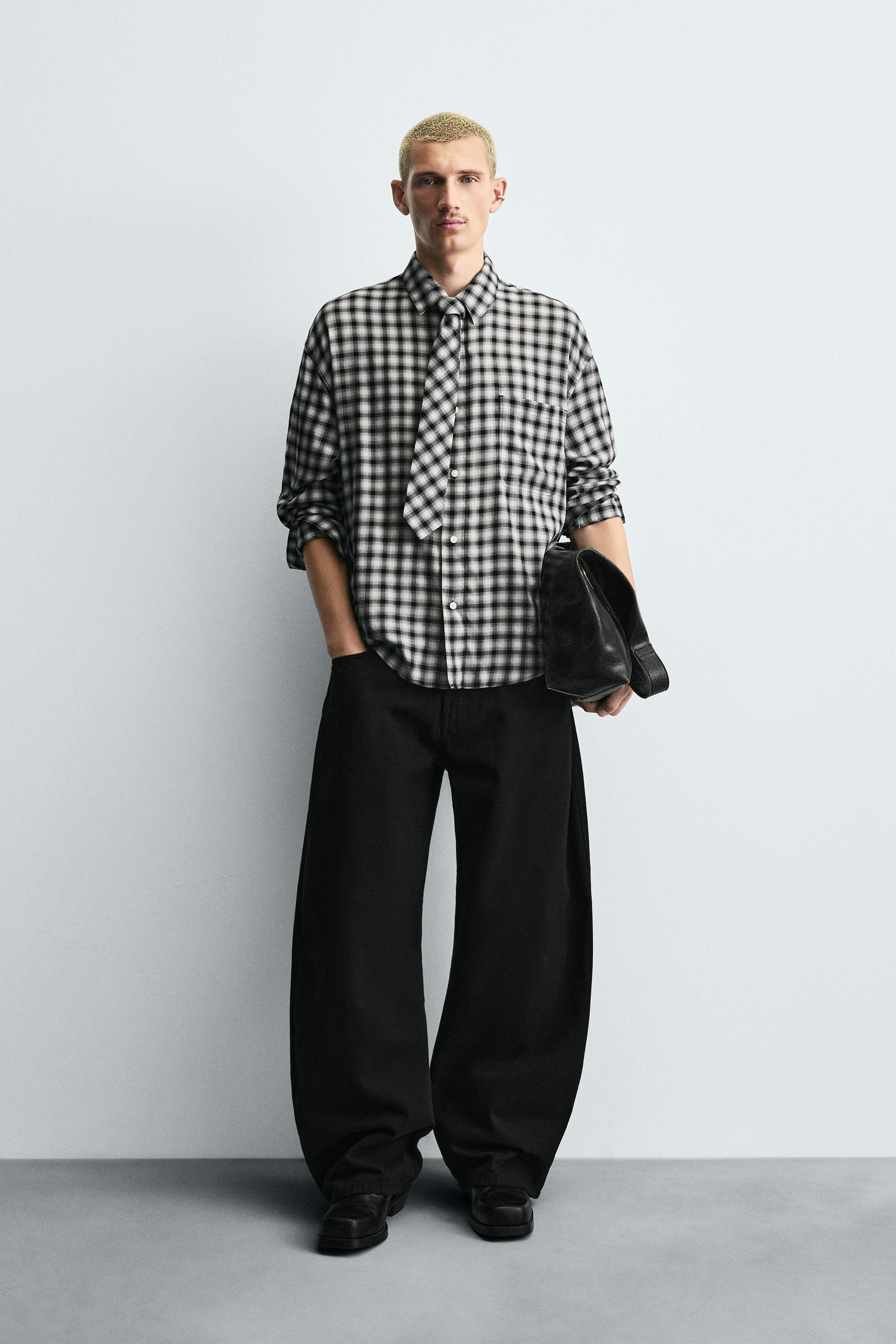 CONTRAST PLAID SHIRT WITH TIE Black White ZARA United States