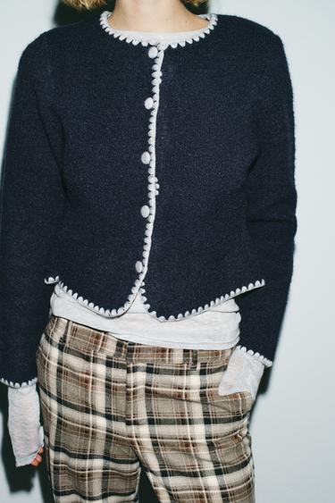 Zara CONTRAST EMBROIDERY CARDIGAN - Navy blue