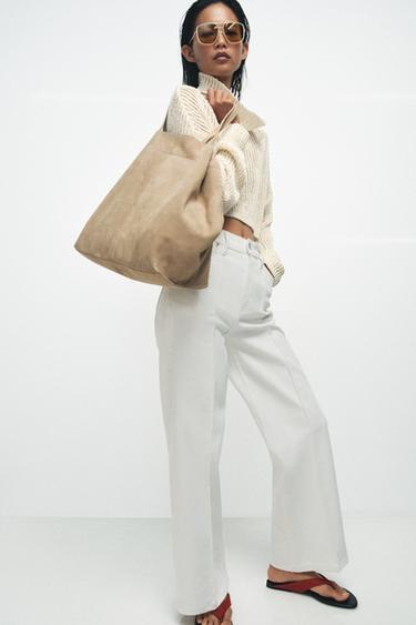 حقيبة SHOPPER كبيرة من الجلد المقلوب - SAND/BROWN الخاص بـ Zara