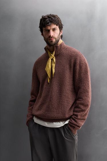 Zara COMBINED QUARTER-ZIP SWEATER - Brick