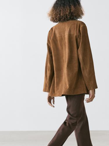 Zara 100% suede leather blazer with lapel collar - Brown