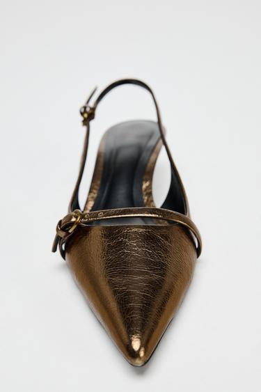METALLIC KITTEN HEEL SLINGBACK SHOES - Gold by Zara - Image 3