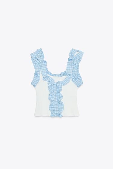 GINGHAM RIBBED TOP - Oyster-white by Zara - Image 4