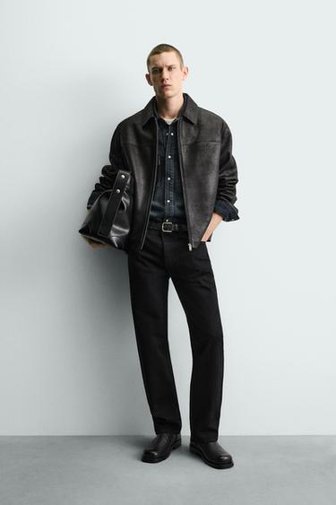 Zara WASHED FAUX LEATHER JACKET - Black
