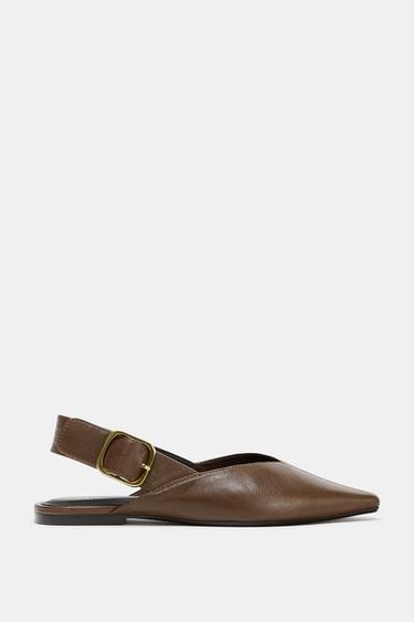 FLAT LEATHER SHOES WITH BUCKLE - Brown by Zara - Image 0
