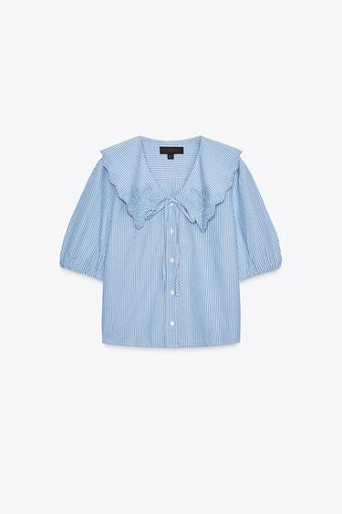 STRIPED EMBROIDERED PETER PAN COLLAR SHIRT - Blue/White by Zara - Image 5