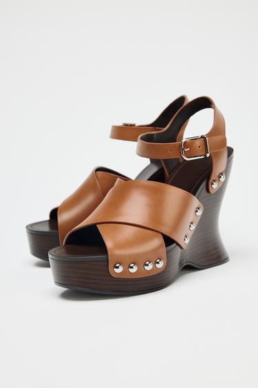 LEATHER STUDDED WEDGES - Brown by Zara - Image 2