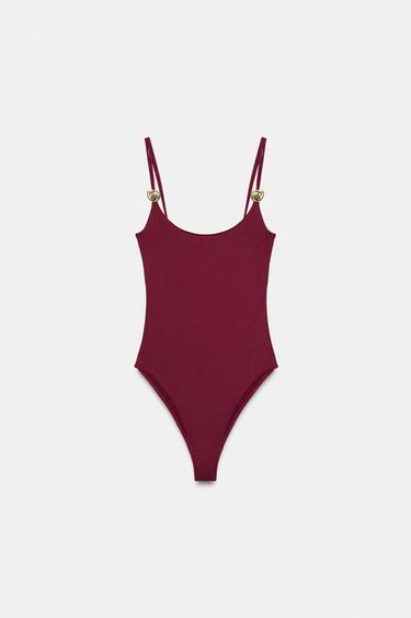 Zara POLYAMIDE TRIM BODYSUIT - Burgundy