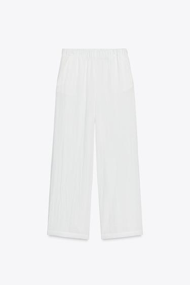 Zara RUSTIC WIDE LEG PANTS - White
